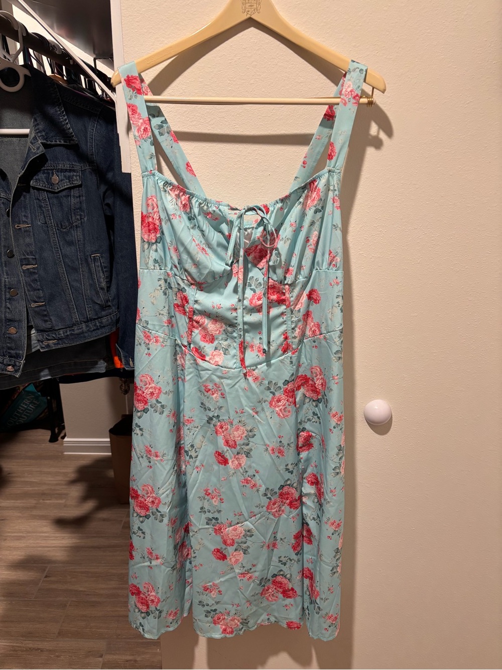 Floral Tie-Front Slip Dress - Aqua with Pink Roses